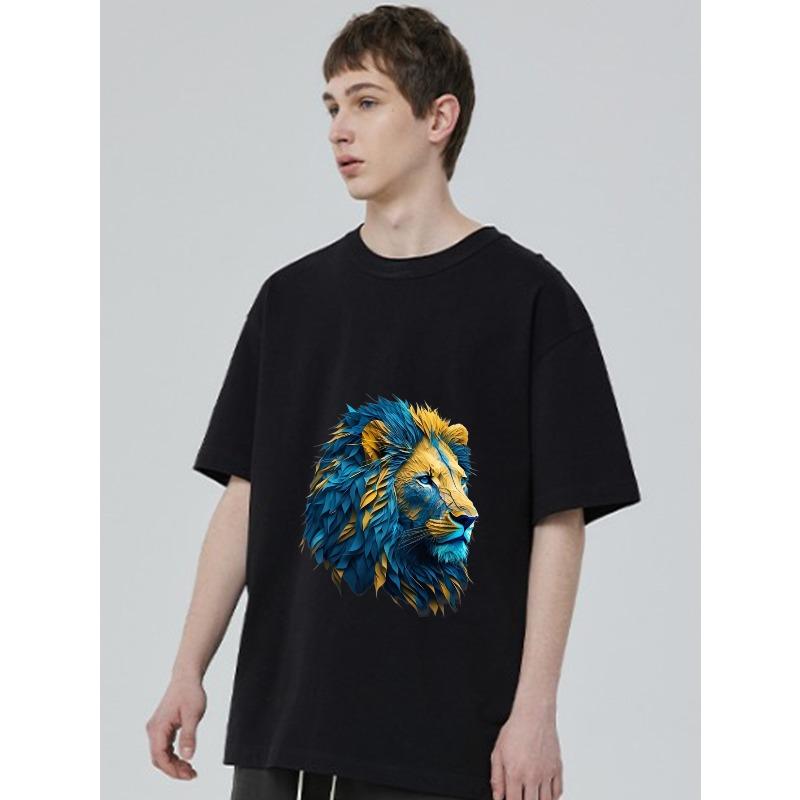 Lion Head Graphic T Shirt Black Blue and Yellow Lion Print Casual Wear for Men and Women Streetwear Fashion Unisex Top