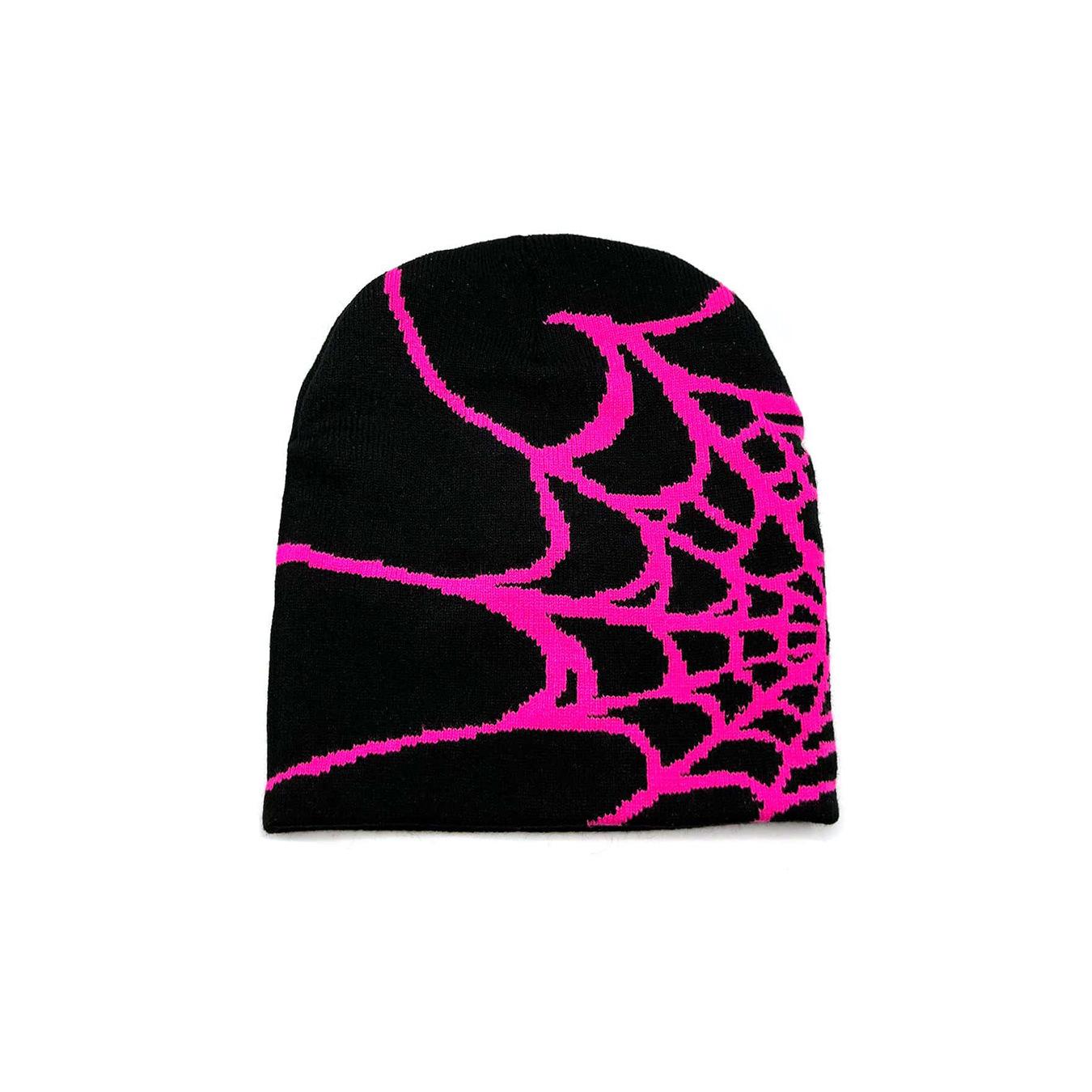 

Вязаная шапка-бини жаккардовым узором «паутина» на все сезоны чёрный/ярко-розовый