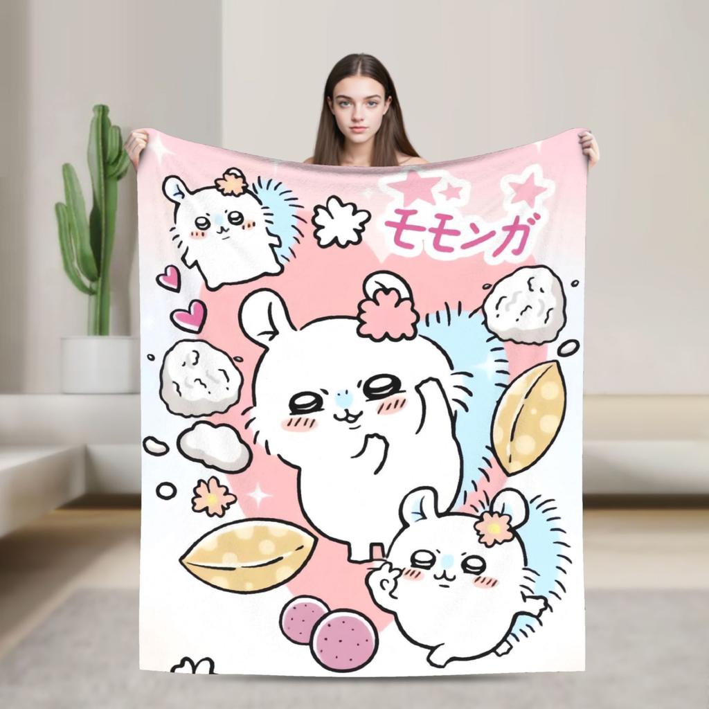 Cute Chiikawa Racco Blanket Fleece Printed Usagi Hachiware Breathable Soft Throw Blankets for Sofa