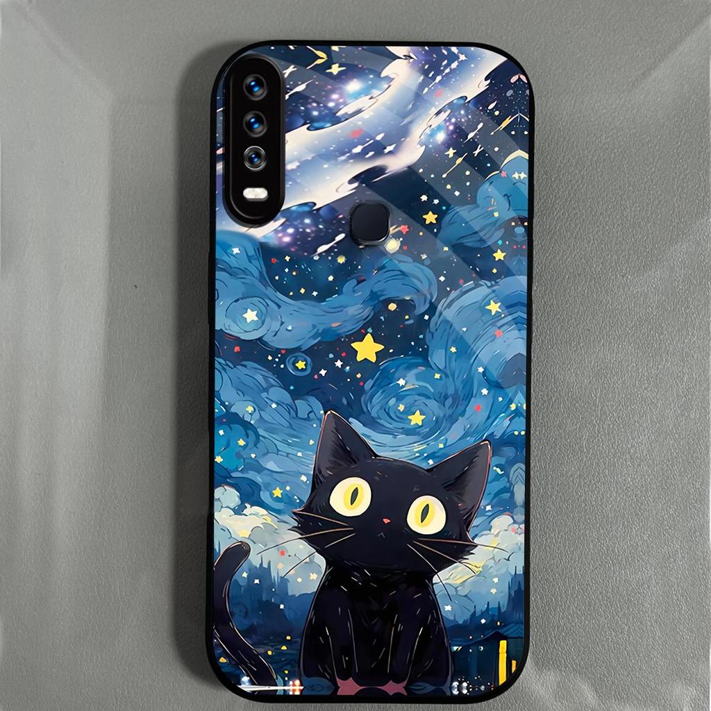 Case for Vivo Y17 Y15 2020 Y12 Y11 Anime Black Cat Starry Cloud Print Phone Cover Acrylic Hard Back Shell With Flexible TPU Edge