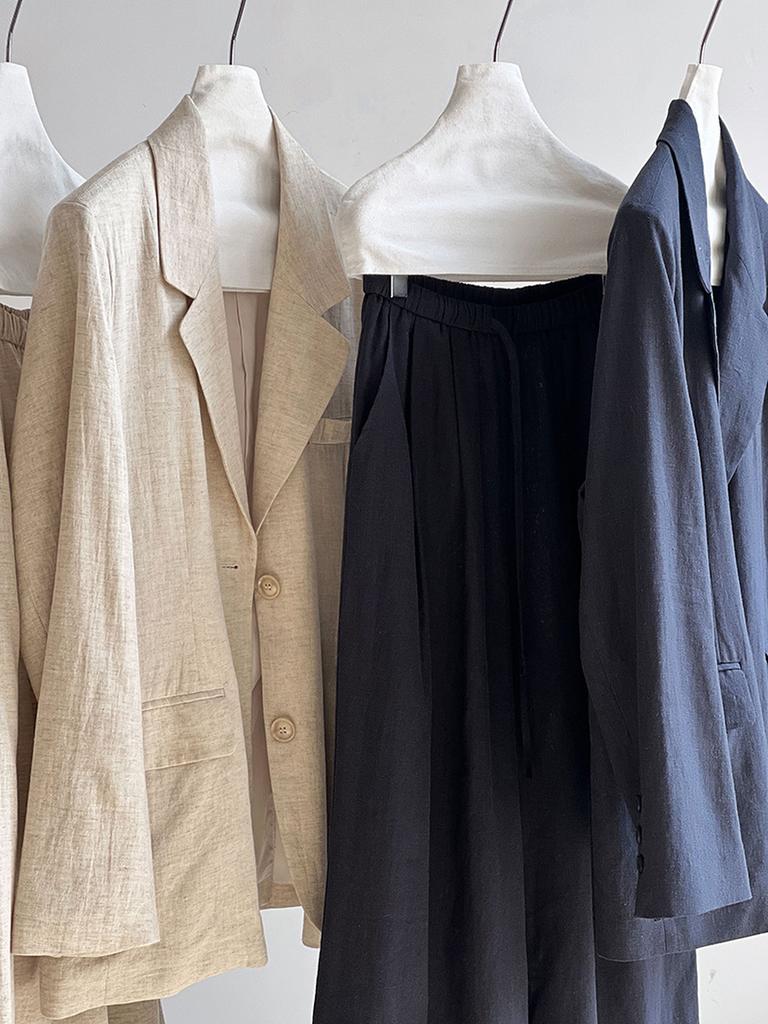 Women's Autumn Cotton Linen Blazer Suit Set with Pants