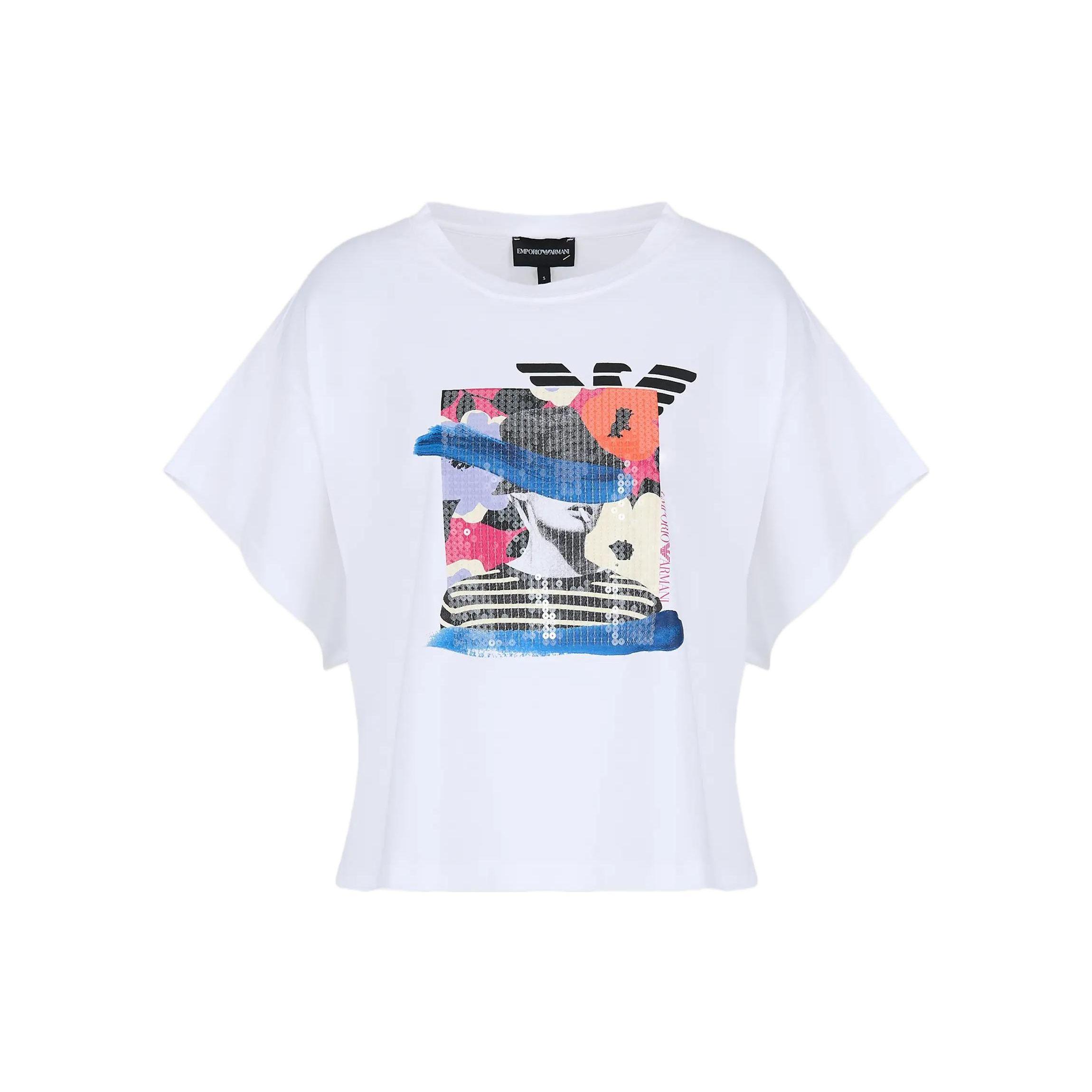 Emporio Armani SS23 Sequin Decorated Printed Round Neck Pullover Short Sleeve T-Shirt Women tops White 6R2T7J-2J53Z-0100 S