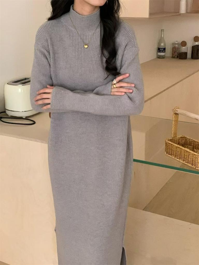 Solid color versatile semi-turtleneck knitted dress women's autumn and winter new loose inner matching coat sweater long dress