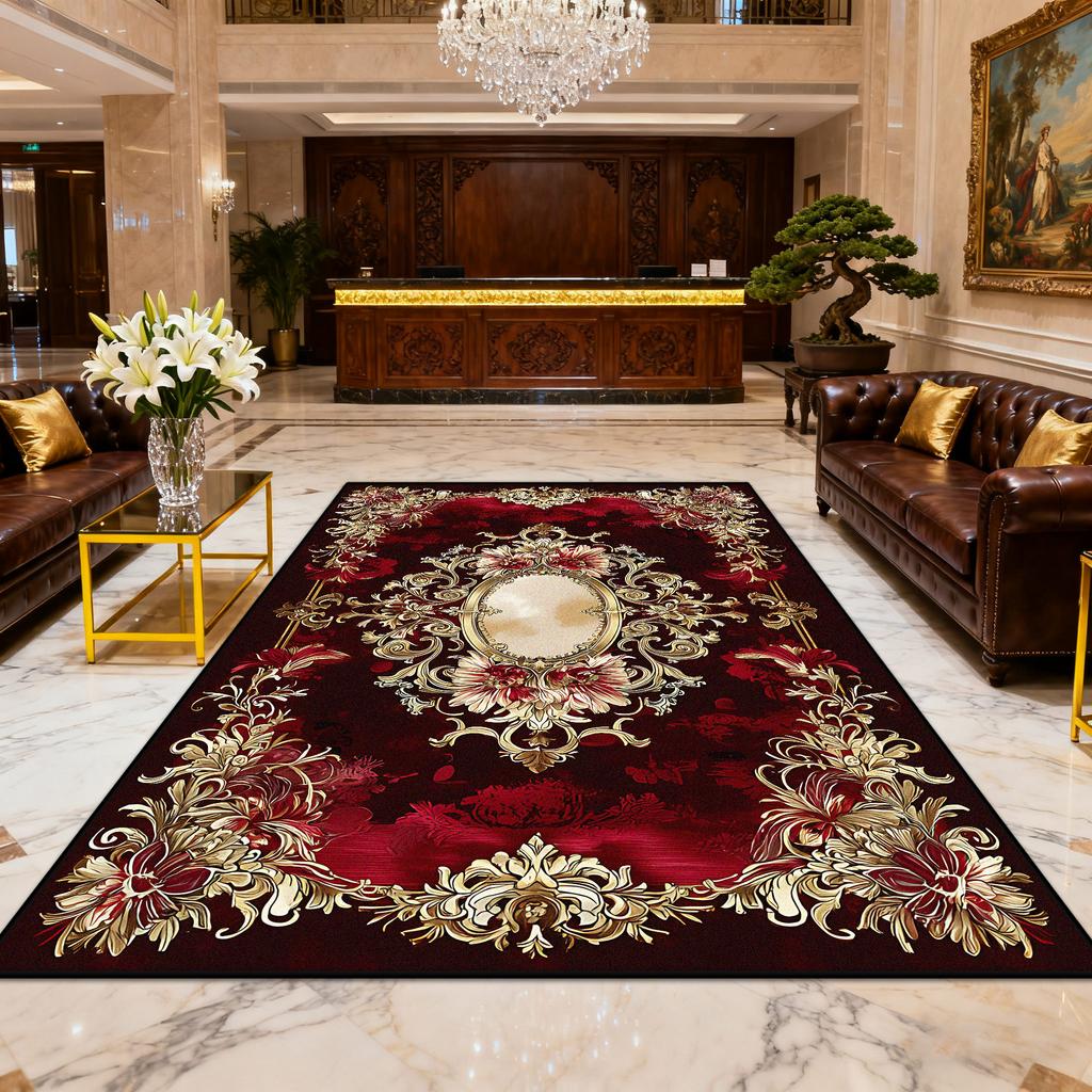 European Luxury Red Gold Easy Clean Carpet for Living Room Decoration Bedroom Bedside Fluffy Rug Large Area Non-slip Floor Mats