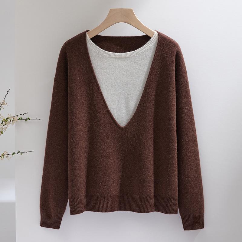 Women's Color Block Cashmere Sweater, Double Collar Two-Piece Design, Versatile Knitwear for Autumn/Winter.