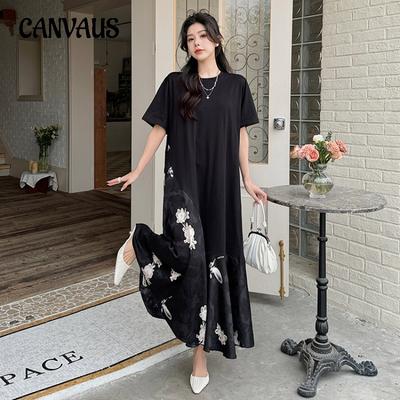 Vestido feminino de verão longo plus size patchwork jacquard estilo chinês vestidos de manga curta