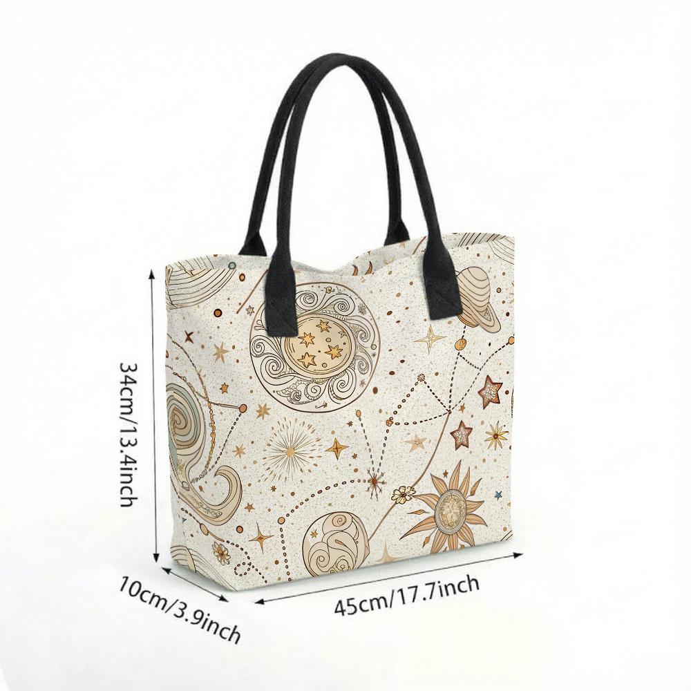 Boho Celestial Print Canvas Tote Bag Casual Large Capacity Women Daily Shoulder Handbag