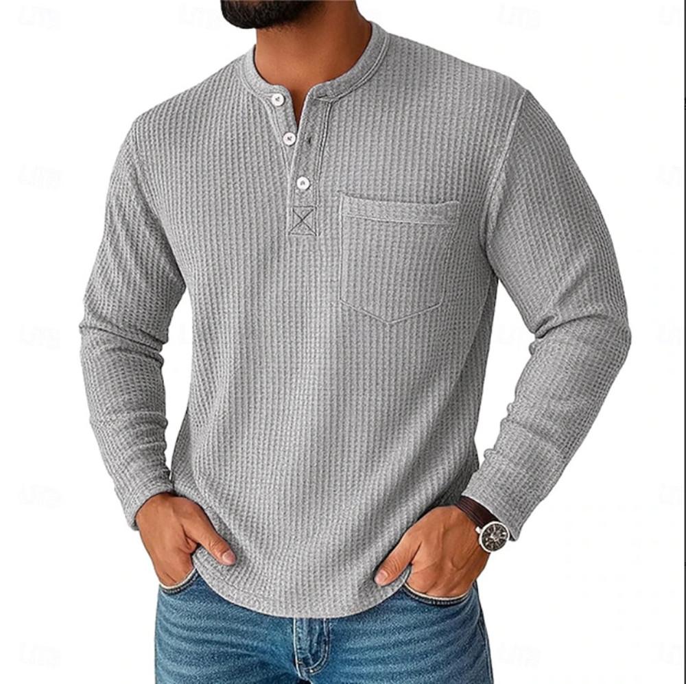 Vintage Men's Henley Shirts Long Sleeve Buttoned Crew Neck T Shirt Spring Autumn Men Clothing Casual Solid Color Waffle T-shirt