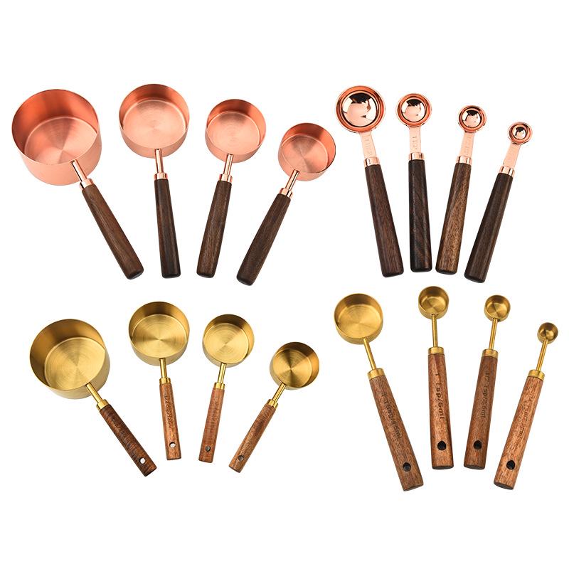 Gold-Plated Stainless Steel Measuring Cups & Spoons Set with Acacia Wood Handles – 8 Pieces