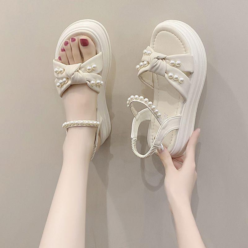 Fashion Pearl White Women's Sandals Platform Bow Ladies Shoes Korea Footwear Asian Size 2025 Luxury Trending Summer Sale Vintage Trend