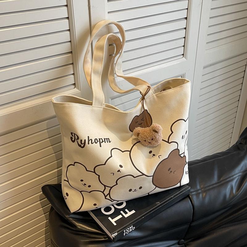 Women's Large Casual Canvas Tote - Summer Cartoon Bear Design for College & Commute