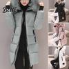 Veste d'hiver à col en fausse fourrure pour femme Manteau en coton Épais Rembourré Garnissage Capuche Mi-longueur Coupe-vent Chaud Fermeture Éclair Grandes Poches Fermeture Éclair Manches