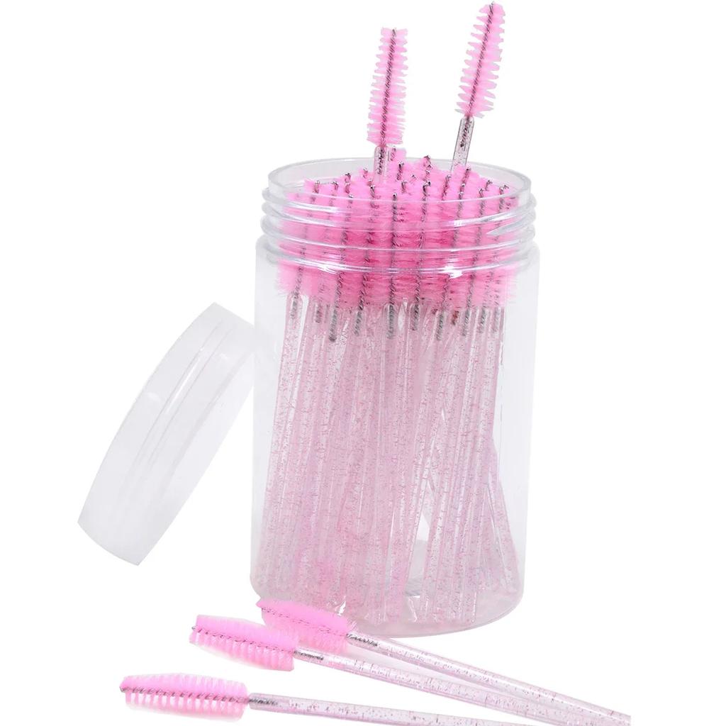 CNKESS 50Pc bags/cans Disposable Eyelash Extension Mascara Wand Glitter Micro Lash Brushes Spoolie With Container Case Wholesale