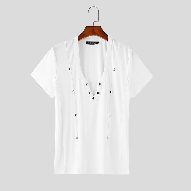 

INCERUN Летние мужские футболки с глубоким V-образным вырезом, с коротким рукавом, однотонные, облегающие S белый