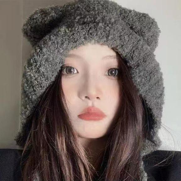 Winter Windproof Women's Knitted Hat with Ear Protection - Cute Bear Design
