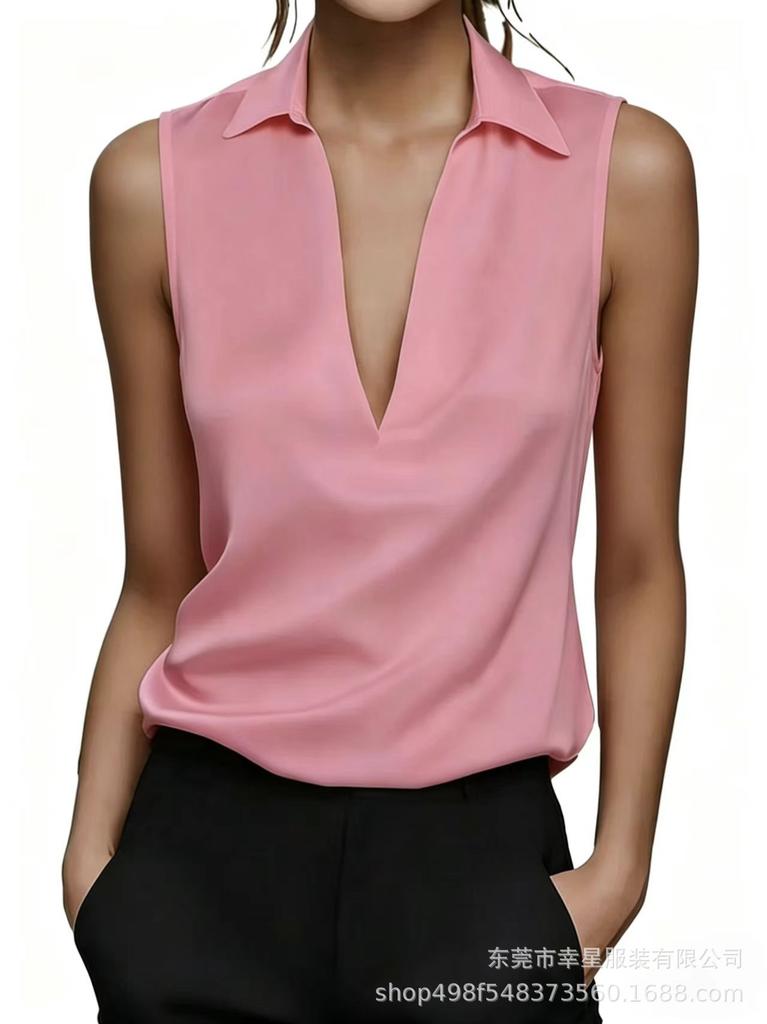European and American new women's elegant sexy fashion V-neck temperament versatile sleeveless solid color shirt