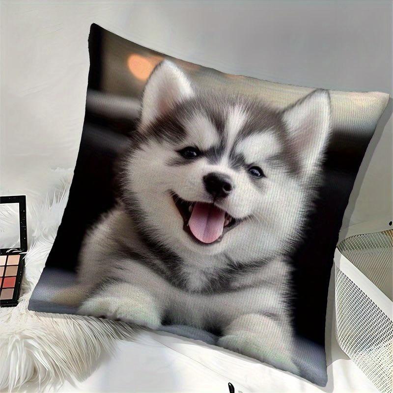 Cute Husky Puppy Print Throw Pillow Cover Realistic Smiling Siberian Husky Themed Cushion Case For Pet Lovers Home Couch Decor