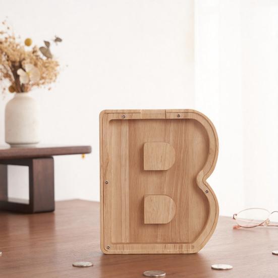 Wooden Piggy Bank with Clear Window, A-Z Letter Coin Cash Container for Kids Adults, Unbreakable Money Saving Box Decoration