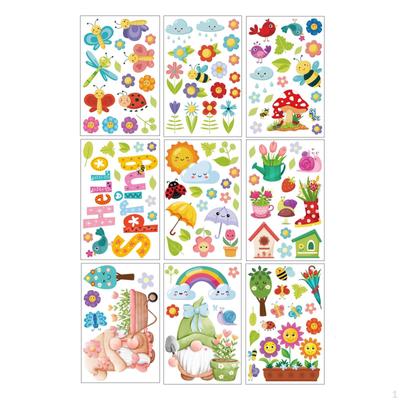 9 Sheets Window Stickers,Static Clings Flowers Dwarf Birds Butterfly Bee Rainbow Glass