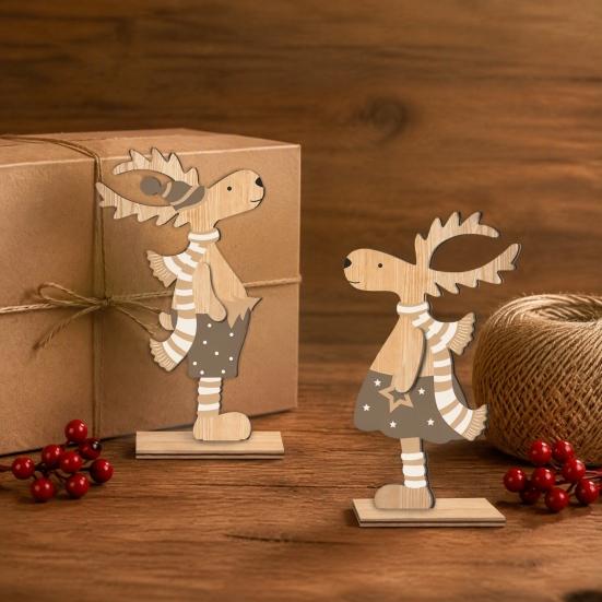 Rustic Wood Holiday Centerpieces 2Pcs Wooden Christmas Reindeer Ornaments, Cute Elk Desktop Decorations, Double Sided Signs Tabletop Centerpiece