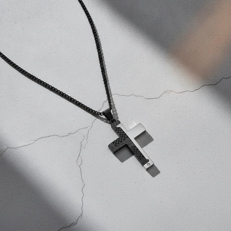 1Pcs Gothic Style Titanium Steel Cross Pendant Necklace, Motorcycle Punk Black Silver Crystal Jewelry For Men N6337