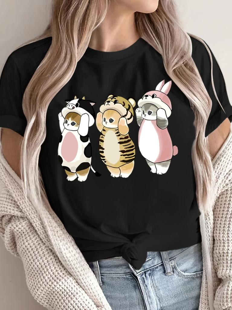 Women's Cute Cartoon Animal Print Short-Sleeve T-Shirt Casual & Sporty Design for with Adorable Cat Dog Rabbit & Bear Graphic