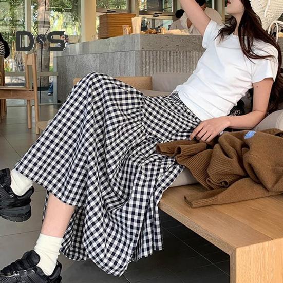 Women Midi Skirt Plaid Print Stitching Design A-Line Skirt Elastic High Waist Retro Style Swing Skirt Daily Wear