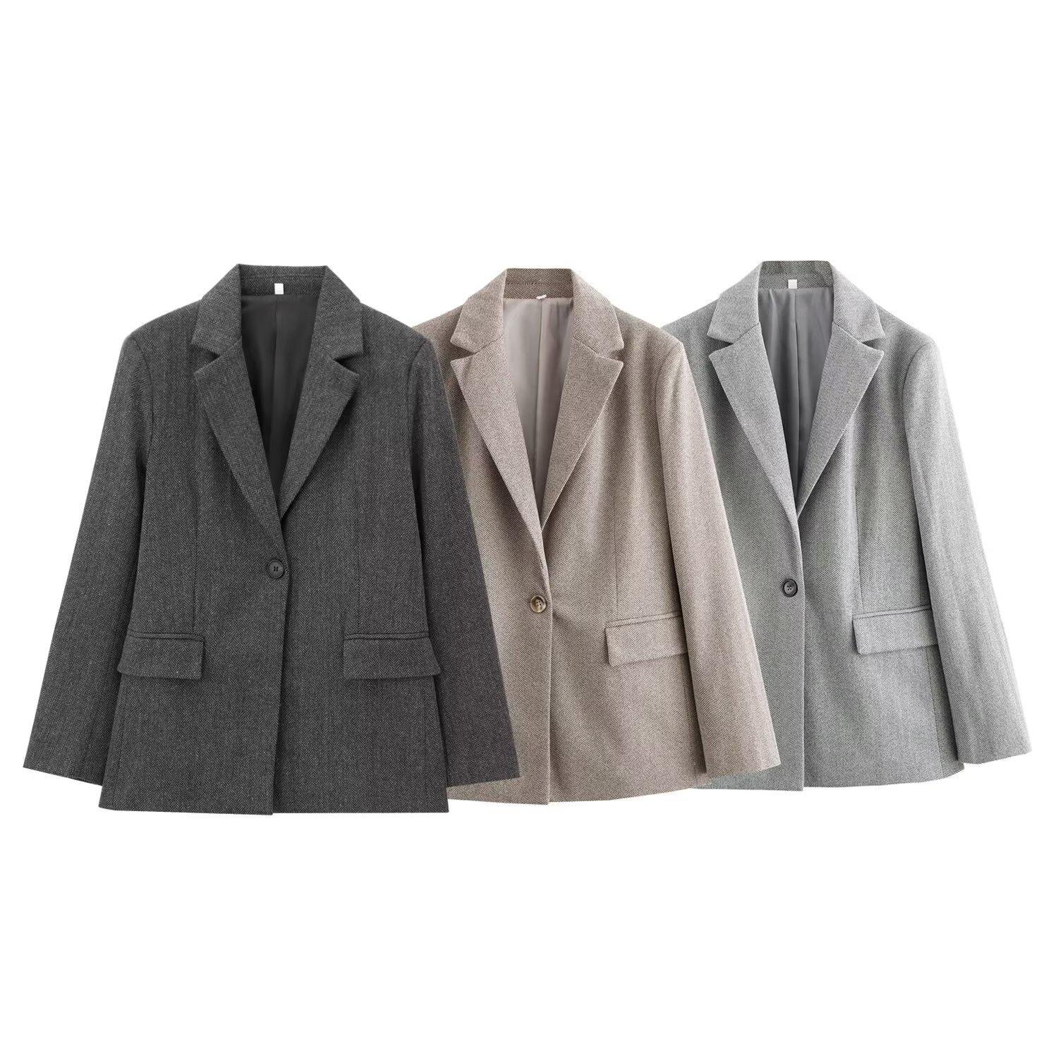 

Spring Women s Casual French Herringbone Twill Straight-Leg Blazer XS