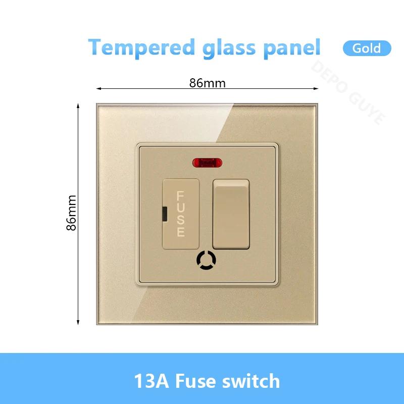 86 Type UK 13A Switch With Fuse Electrical Switch Light Spurs Neon Black White Grey Tempered glass Fuse 13A Wall Switch Panel