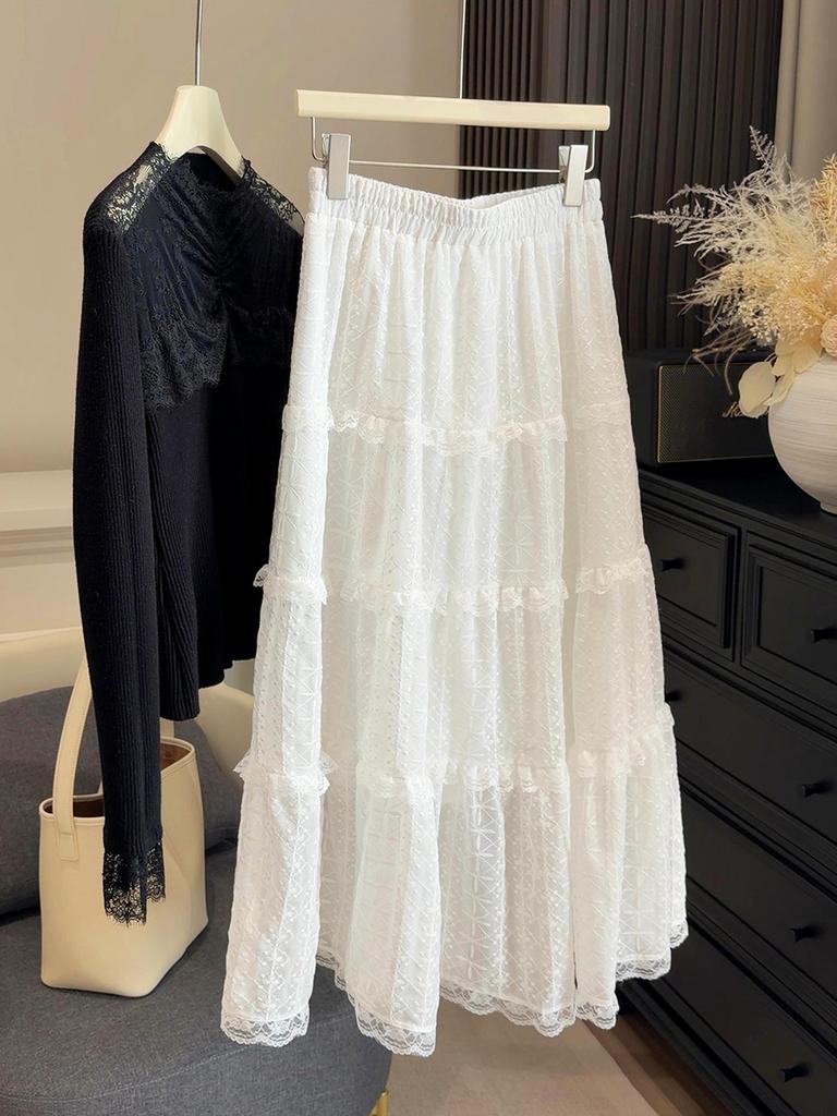 Lace Crochet Patchwork A-line Skirt: 2026 Spring Collection - High Waist Slimming Umbrella Design for Women