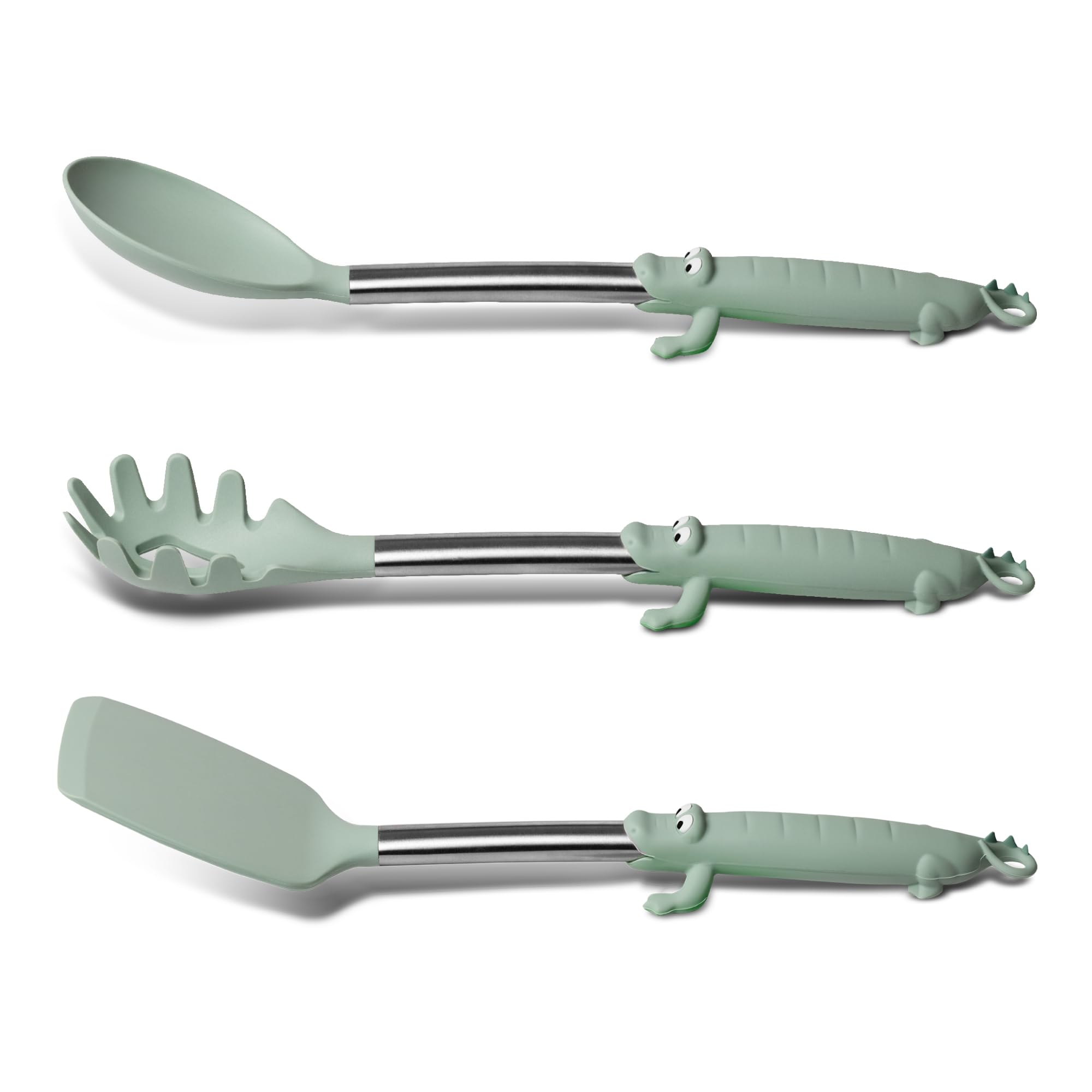 

BONE Silicone Kitchen Utensil Ideal for Includes Pasta and High Heat and Cute Handles 3-Piece Set, Single-Person Cooking, Ladle, Spoon, Spatula, зелёный