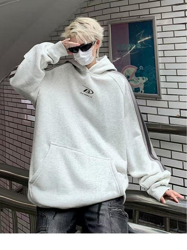 Men's Trendy American Striped Patchwork Hoodie - Autumn/Winter Casual Loose Fit for Couples