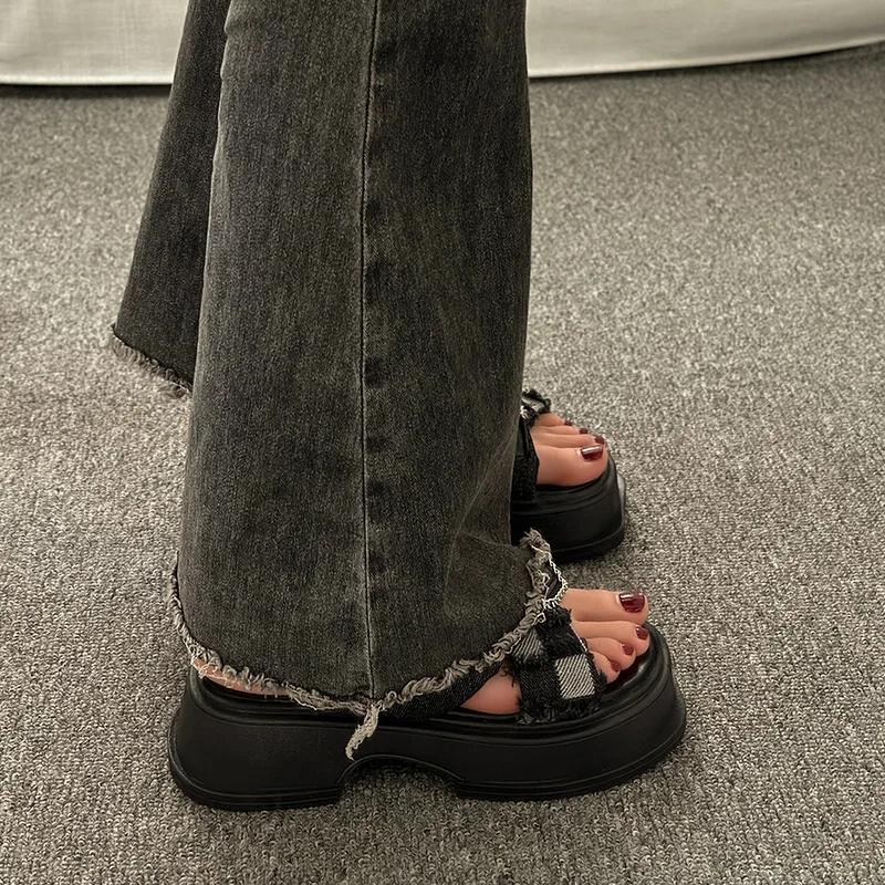 Thick Soled Slippers for Women Summer Chain Denim Chunky Heel Fashion Cross Slides Open Toe Outdoor Beach Woman Walking Slides