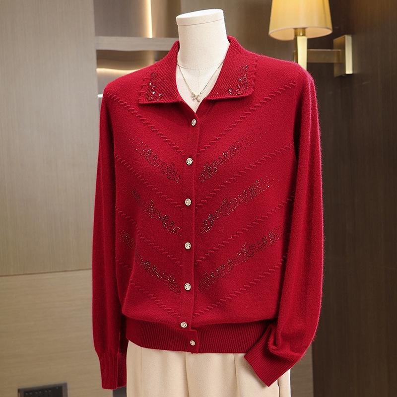 Elderly Women's Pure Wool Knitted Cardigan, Loose Plus Size Outerwear for Spring and Autumn