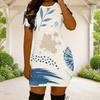 Women Plus Size Round Neck Short Sleeve Blue White Abstract Printed Fitted Mini Dress