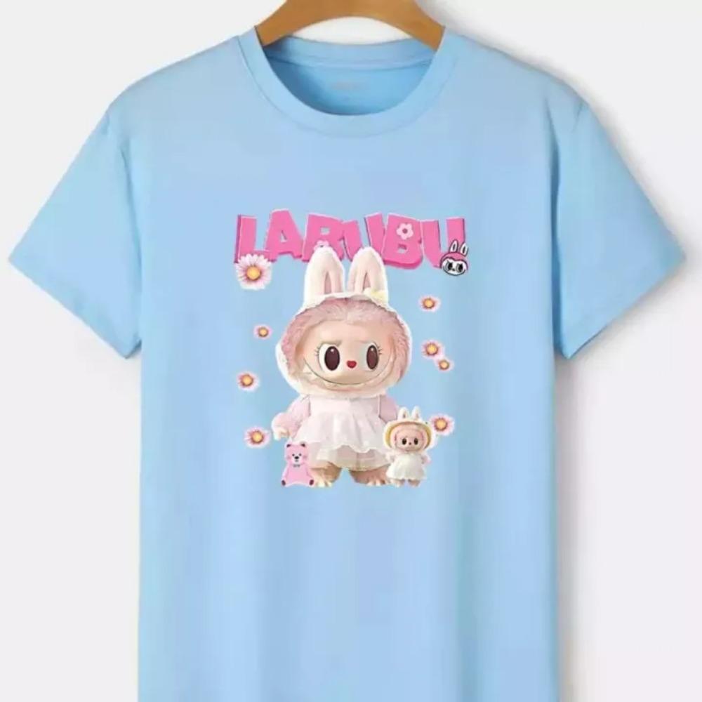 2025 New Children's T-shirt Wearing Princess Skirt LABUBU Printed Round Neck Short Sleeved Casual Girl's Top