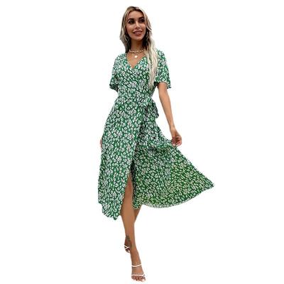 Vestido feminino de verão com decote em V verde fino temperamento elegante vestidos estampados com cadarço