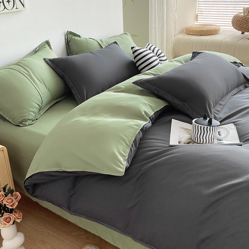 Zweifarbige Aloe-Baumwolle Gebürstetes Karomuster Bettwäsche-Set: Bettdecke, Bettlaken und Kissenbezüge für Wohnheime - MUJI Stil