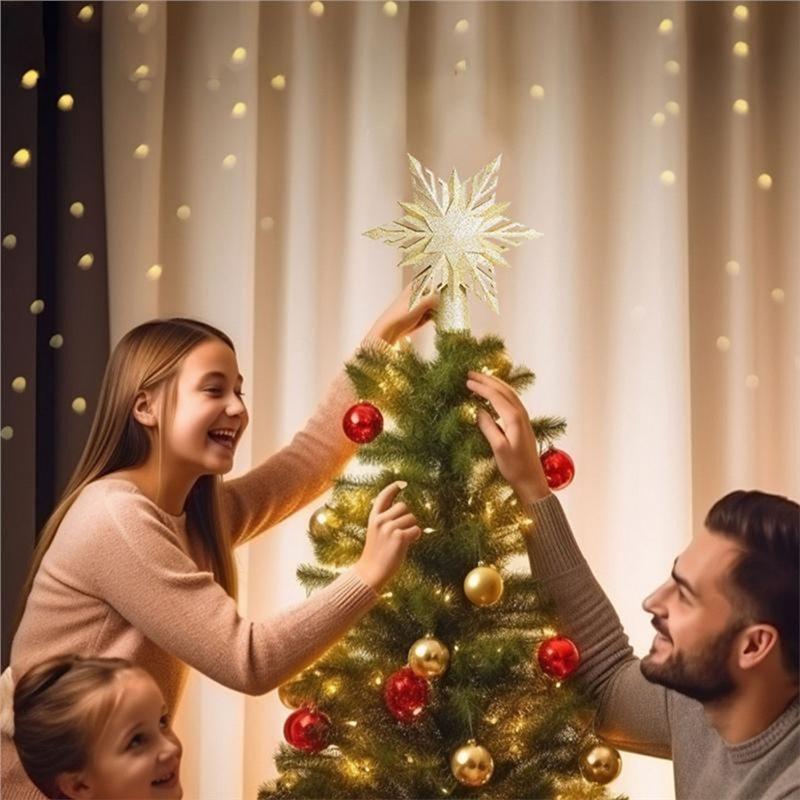 LED Snowflake Light Tree Topper Rotating Christmas Tree Topper Glitter Projector Snowflake Projection US Plug