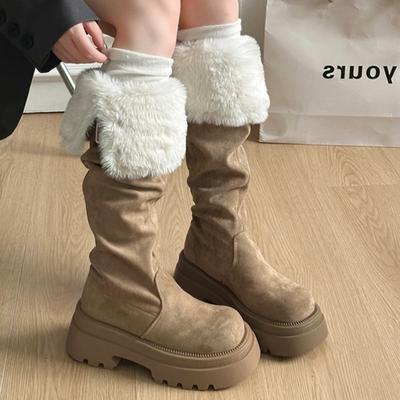 Pelzhohe Stiefel Damen High Heels Designer Wildlederschuhe Über dem Knie Mode Plateau Schneestiefel Gemütlich Warm Winter Mujer Stiefel