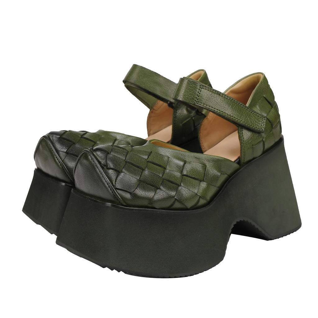 Johnature Cowhide Woven Thick Soled 10cm High Heels Shoes Retro Genuine Leather Women Wedge Sandals