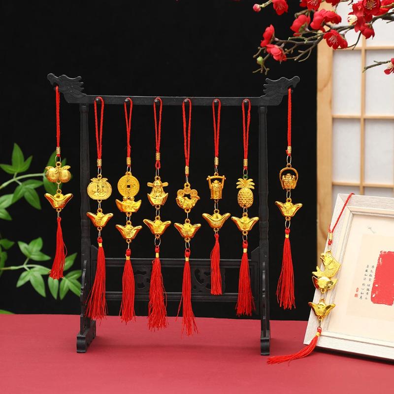 Chinese Lucky Fu Gold Ingot Hanging Ornaments Handwoven Tassel Auspicious Decor for Home New Year Celebration Gift
