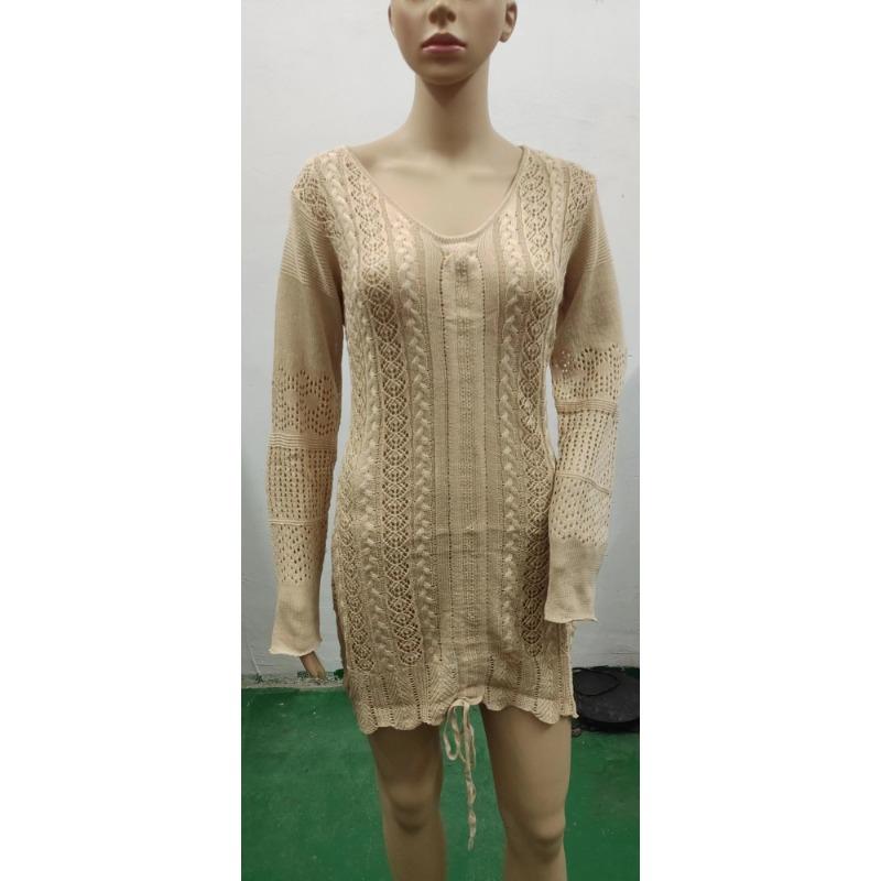 Frühlings- und Herbst-Damen-Temperament Tiefes V Haken Blume Aushöhlung Langärmeliges Strickkleid Paket Hüftkleid