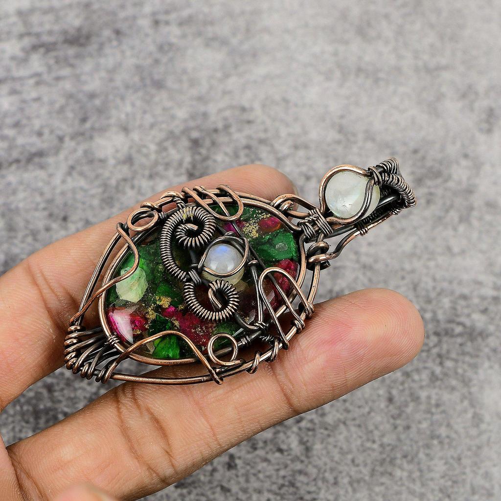 Multi Copper Turquoise & Rainbow Moonstone Pendant Gemstone Jewelry, 999 Copper Wire Wrapped Handmade Pendant, Latest Design Jewelry