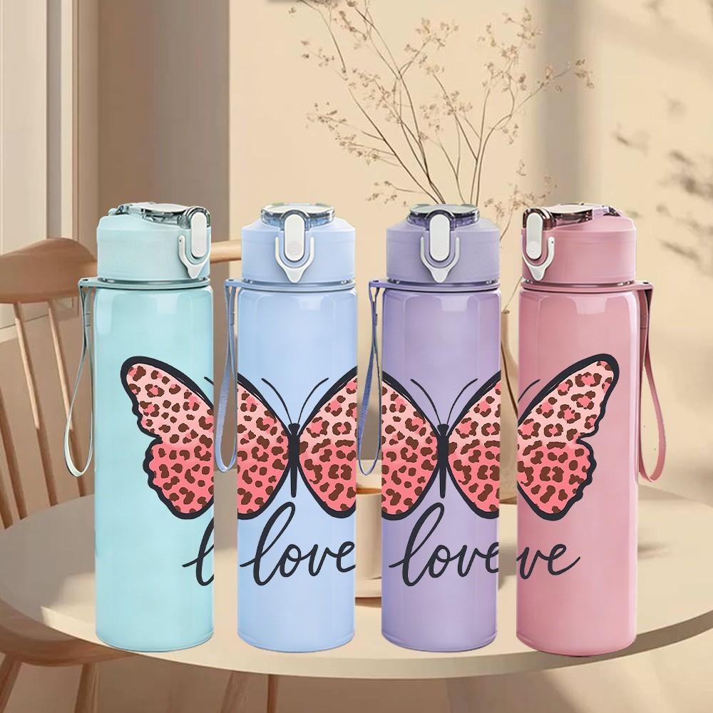 1PC Pink Butterfly Love 750ml Color Plastic Sports Water Bottle Leakproof Flip Straw Lid Suitable for Sports Office Home Use