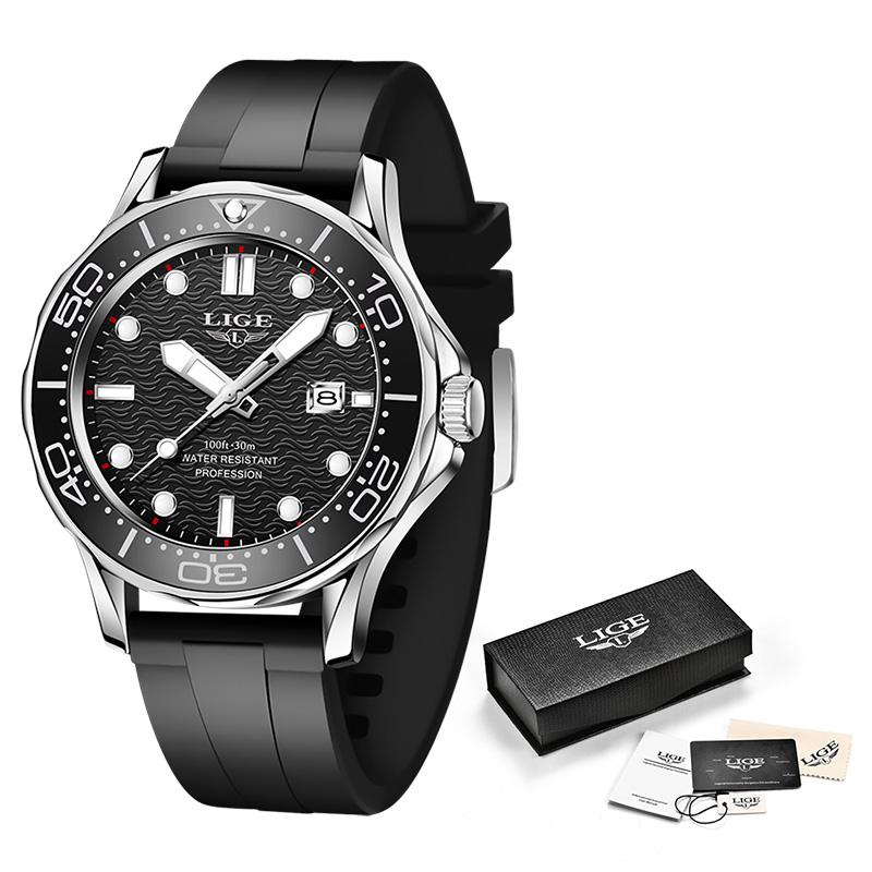 LIGE Brand Mens Watches Business Quartz Watch Men Silicone Band Sports Waterproof Watches Date Wristwatches Relogios Masculino