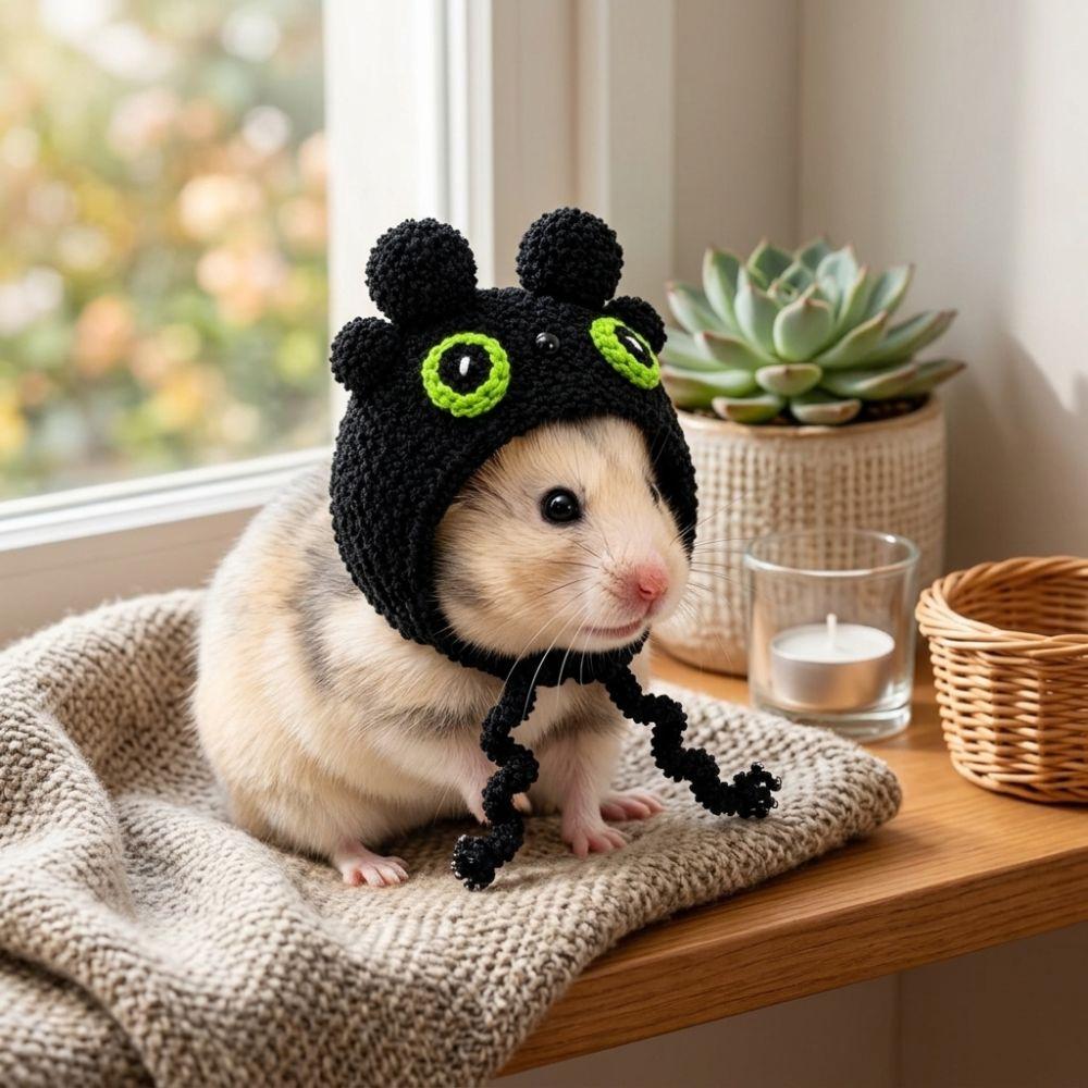 Bear-Shaped Guinea Pig Costume Hat Adjustable Ties Hamster Knitted Hat Holiday Party