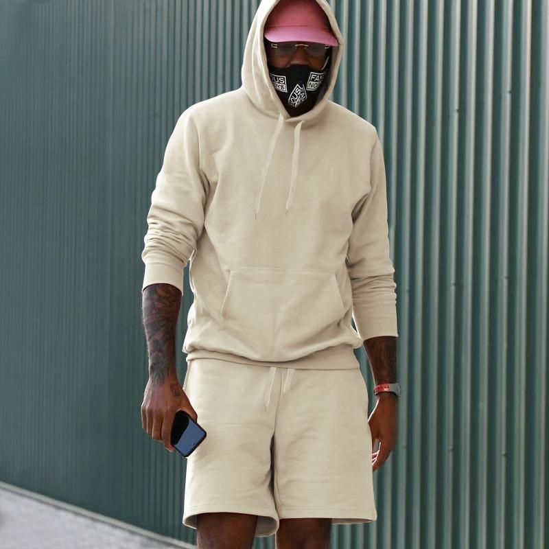 Men's Fleece Hoodie Shorts Two-piece Loose Solid Color Casual Sports Men's Suit