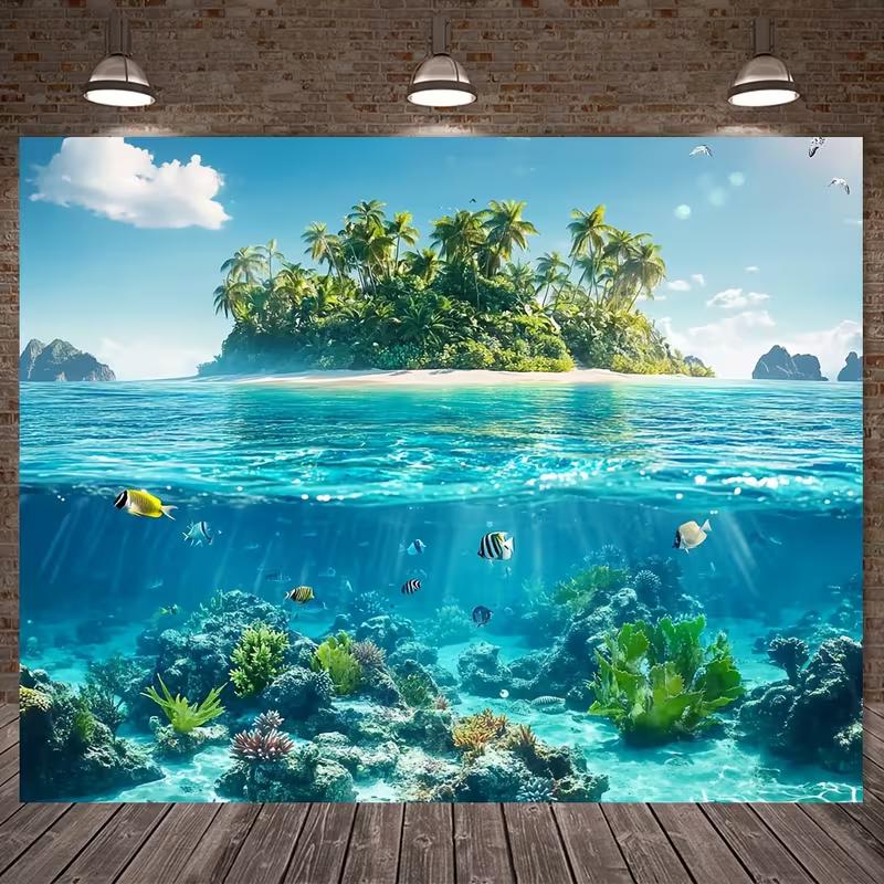 2D Printed Split Ocean View Backdrop, Tropical Island with Underwater Coral Reef Photography Background
