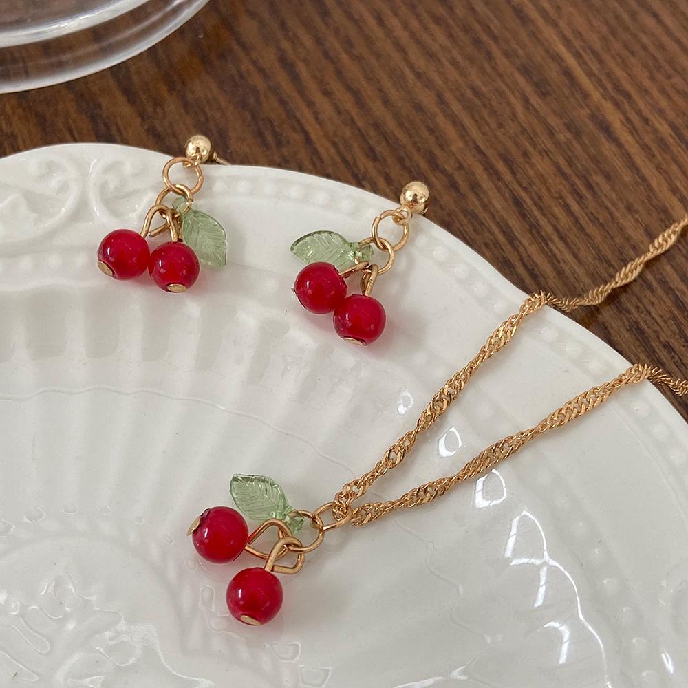 Cherry Red Necklace & Stud Earrings Set: Light Luxury, Niche Design, Clavicle Chain, 3-Piece Women's Jewelry